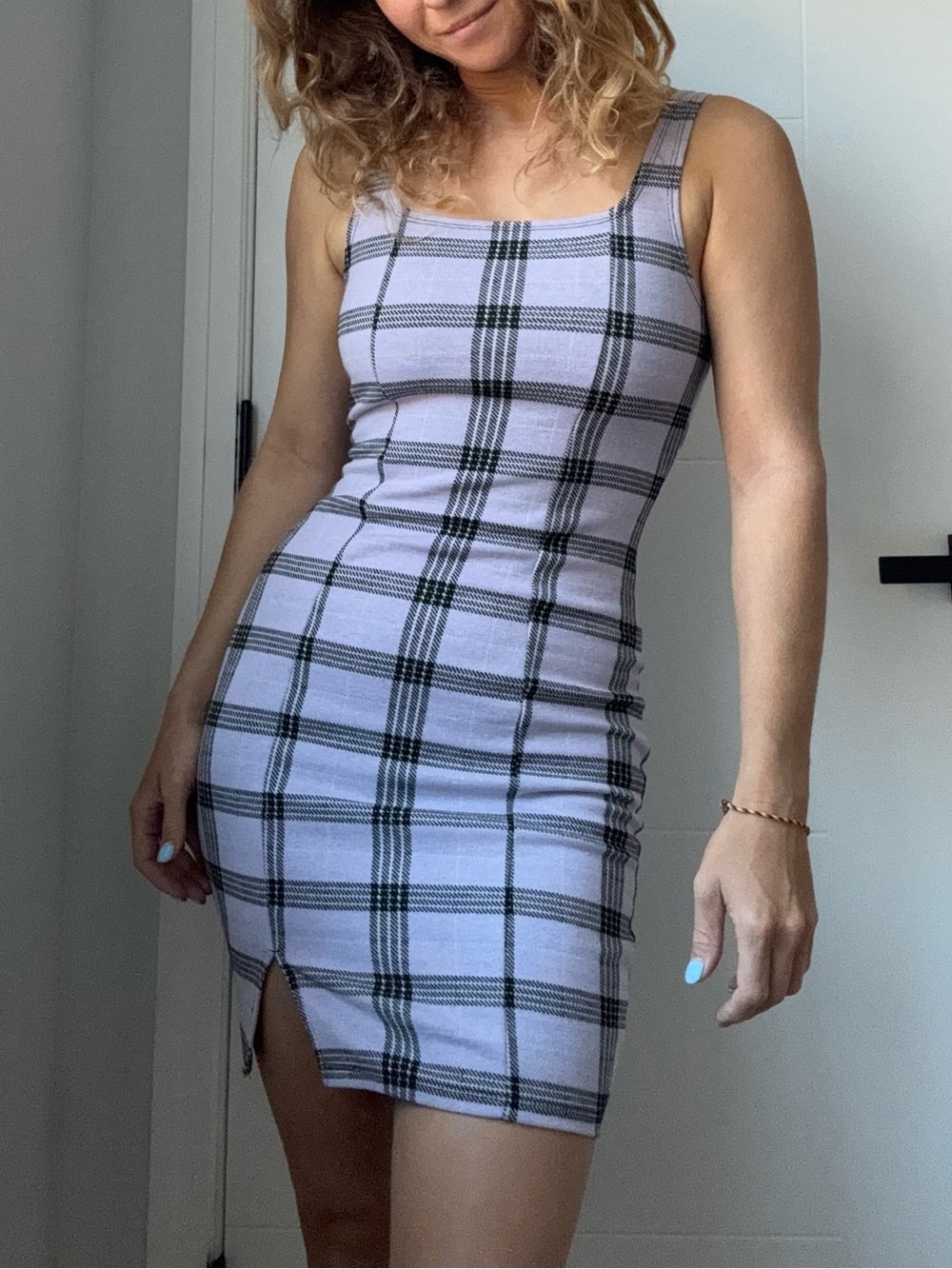 Poplar Lavender Plaid Square-Neck Mini Dress fitted